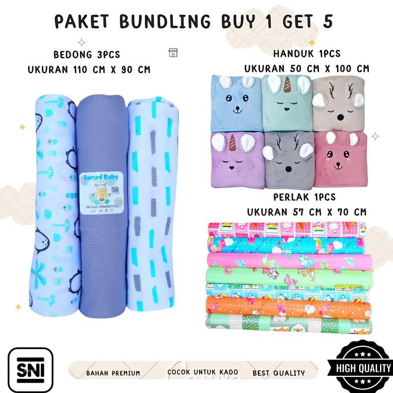 Paket Bundling Bayi Baru Lahir Buy 1 Get 5 (Bedong Jumbo 110 x 90 cm, Handuk Microfiber, Perlak Bayi) - Alas 8