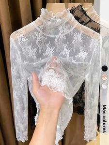 Top de base ligero de cuello alto con encaje y manga larga con volantes, moda elegante de verano, ropa cómoda y estilizada para mujer