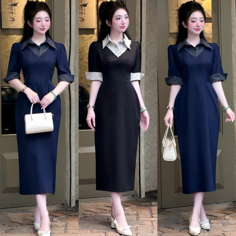 Miju B108 Váy đầm công sở thiết kế cao cấp cổ sơ mi sọc phối tay lỡ đi làm công sở đi tiệc đa năng và tiện lợi