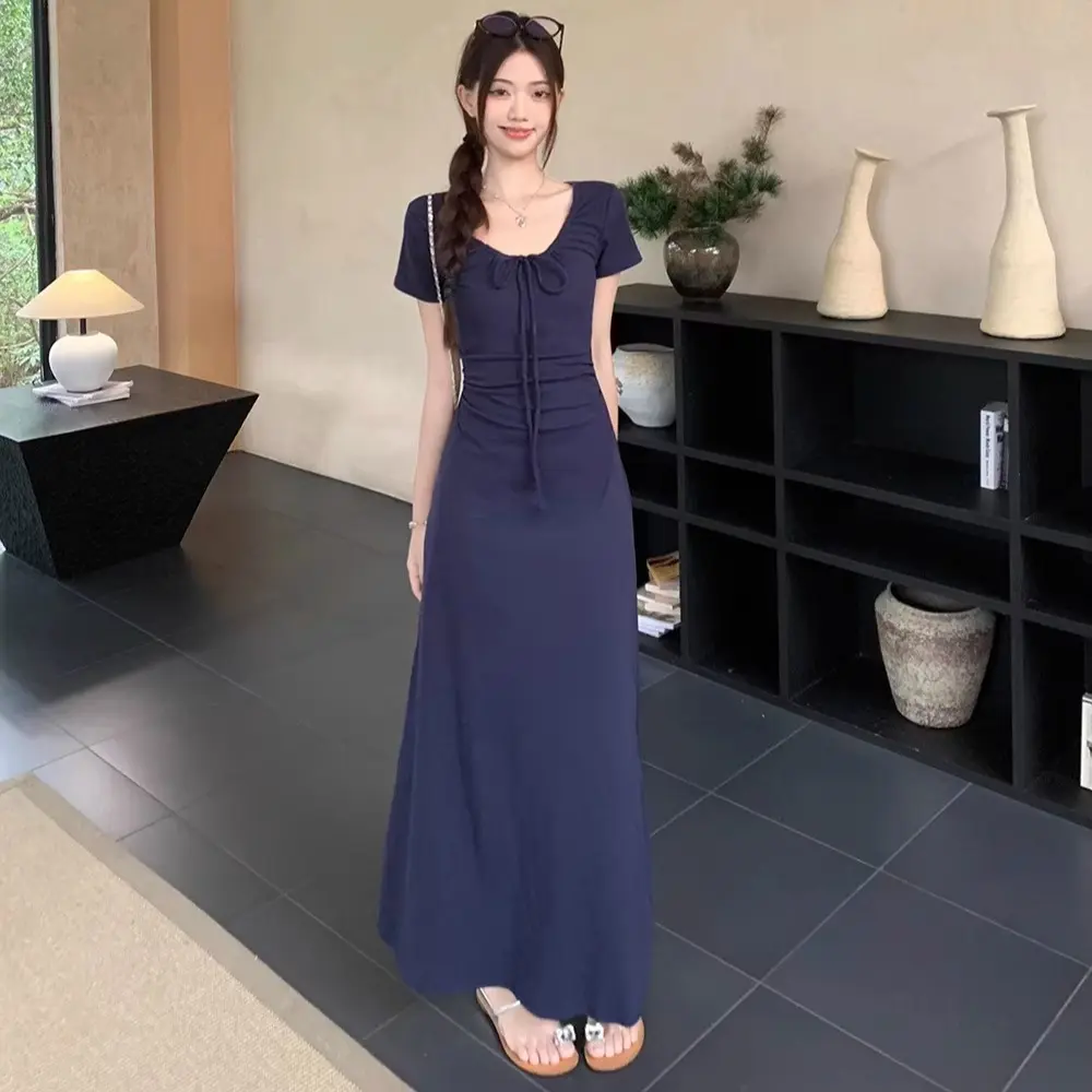 Women's slim elastic waist dress sexy slim versatile retro simple plus size sweet spice Korean fashion women