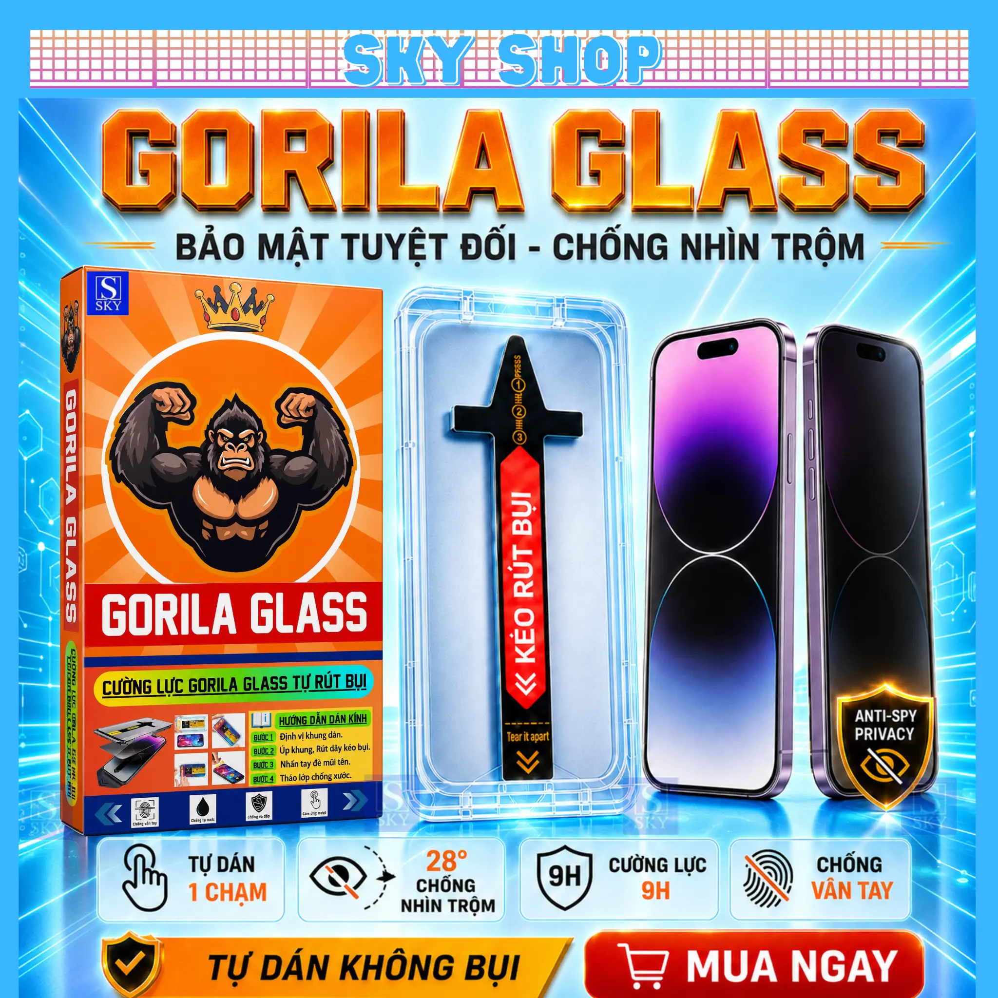 [COMBO 2 KÍNH] Kính GORILA GLASS Chống Nhìn Trộm Cho iPhone 11-17 Pro Max, Khung Tự Dán Tự Rút Bụi