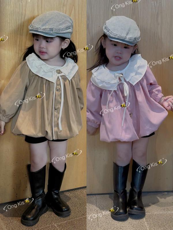 Ong Kis Áo khoác thô hàn dáng bí cổ sen phối ren sang chảnh cho bé gái 10-30kg
