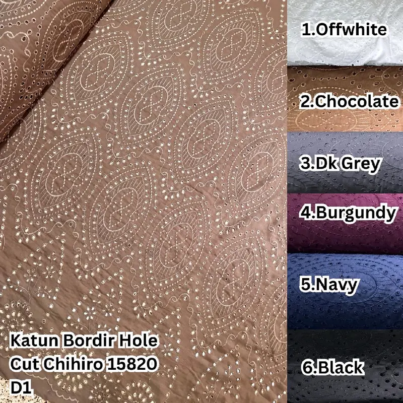 Kain Katun Bordir Hole Cut Chihiro 15820 D1 motif bolong cantik bahan adem nyaman dipakai bagus untuk seserahan (lebar 150cm) cocok untuk pakaian atasan, bawahan, atau setelan dress daily wear 0