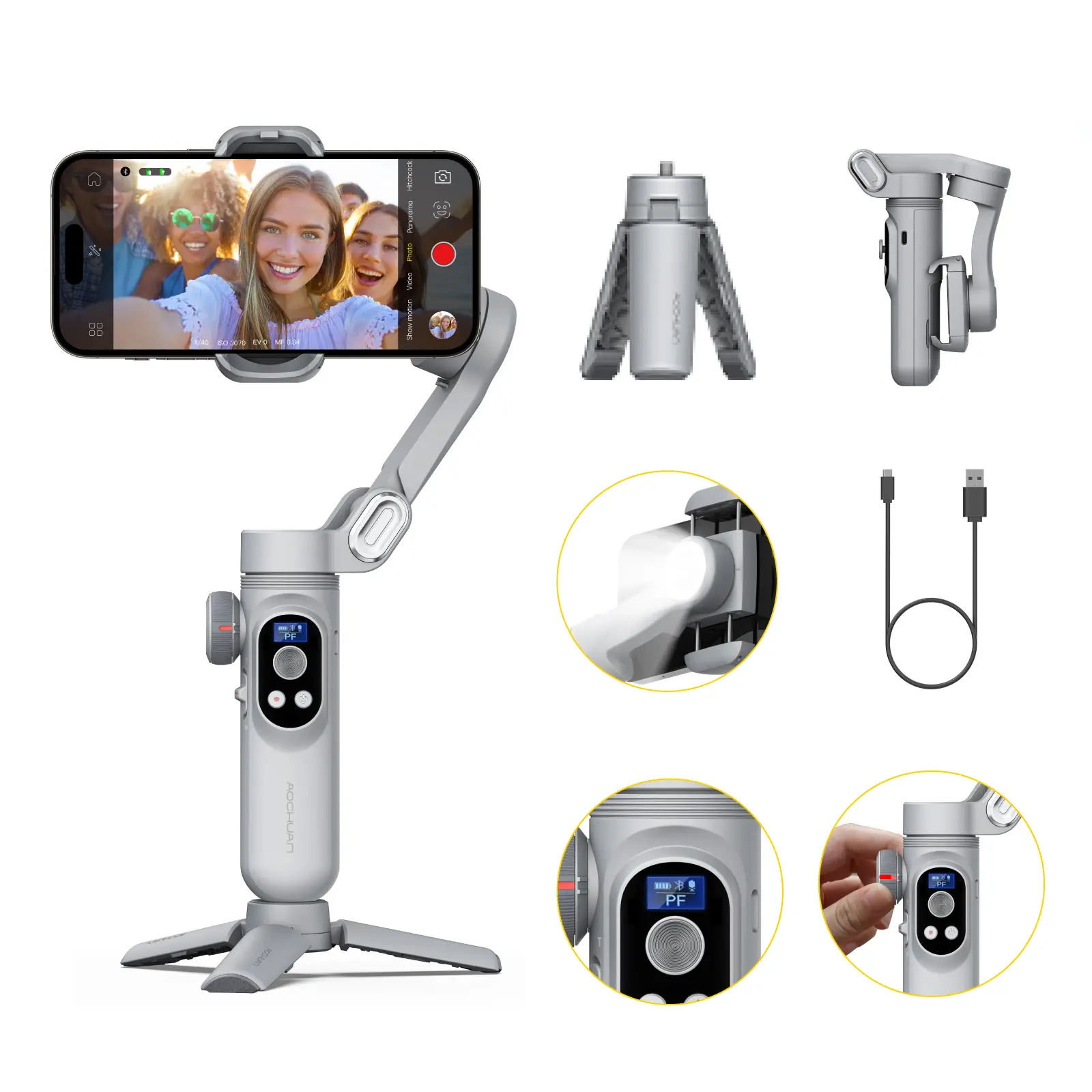 AOCHUAN Gimbal Stabilizer for Smartphone, 3-Axis iPhone Gimbal Portable Gimbal w/OLED Display for iPhone/Andriod, Phone Gimbal with Face/Object Tracking for Tiktok Youtube Vlog-Smart X Pro Gray
