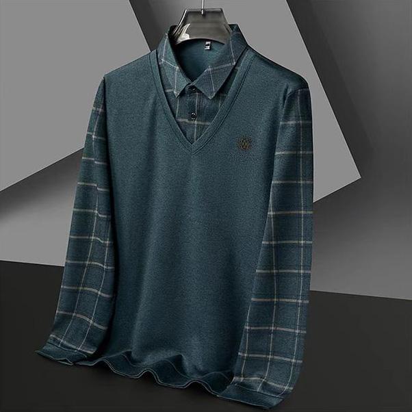 Product Introduction of Men's silk fabric fake two POLO loose grid solid color casual T-shirt with silk print top Menswear Lingerie 7