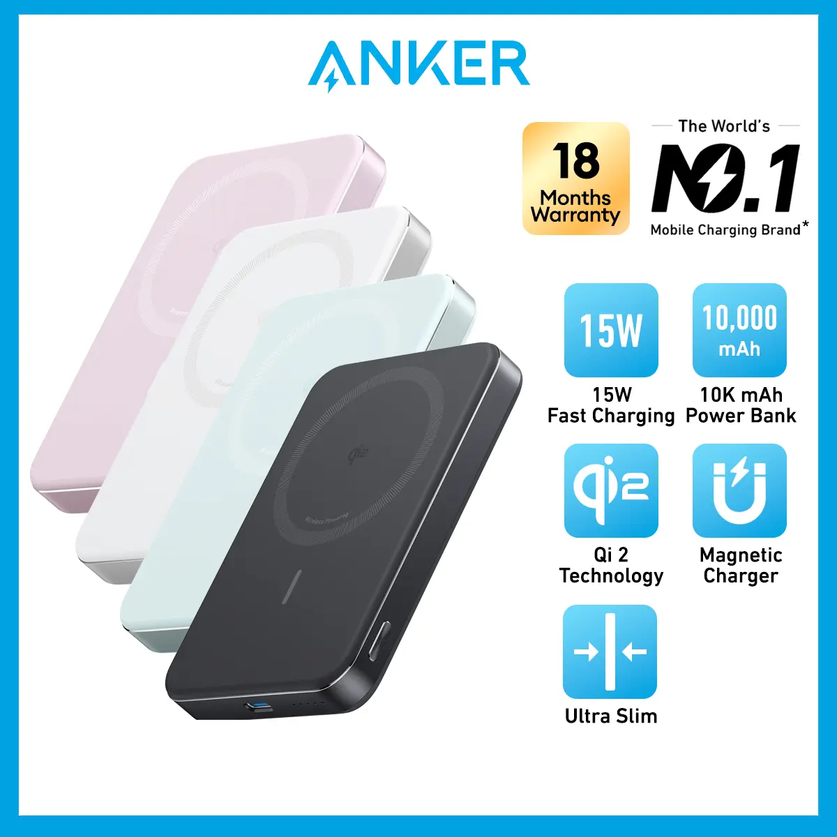 Anker Powerbank MagGo Power Bank (10K, Slim) Magnetic Portable Charger Magsafe Wireless Charger iPhone Charger A1664