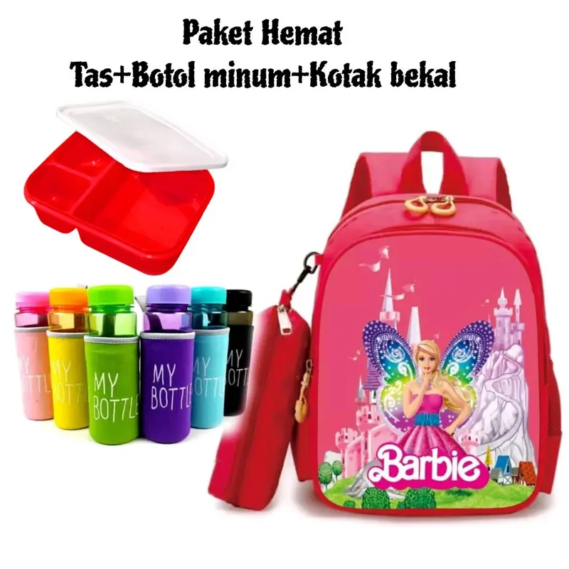 Paket Tas Ransel Anak Motif BArbie bonus botol minum dan kotak bekal Fashion 2