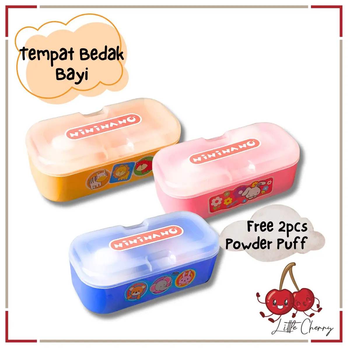 NININANO Tempat Bedak Anti Pecah Isi 2 | Nini Nano NN Tempat Bedak Double Sekat Anti Pecah 2in1 Free Puff | Wadah Bedak Tabur Model Kotak