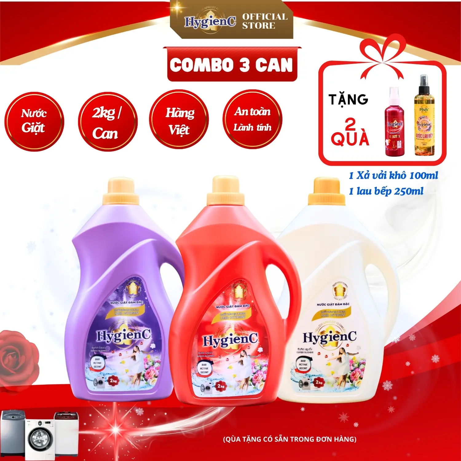 [Combo Gia Đình] 3 Can nước giặt quần áo HygienC - Khối lượng 2 Ký