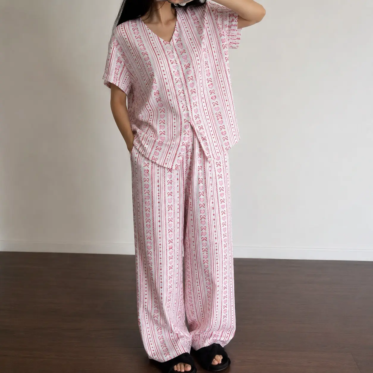 Hepiyama - Piyama Wanita Rayon Premium V Neck Lengan Tangan Pendek Celana Panjang Baju Tidur Dewasa Adem Nyaman Saku Praktis Setelan One Set Atasan Busui Oversize Cantik Fit Harian Santai Motif Kancing Viscose Lembut gemes dingin Jumbo LD 120 Kekinian