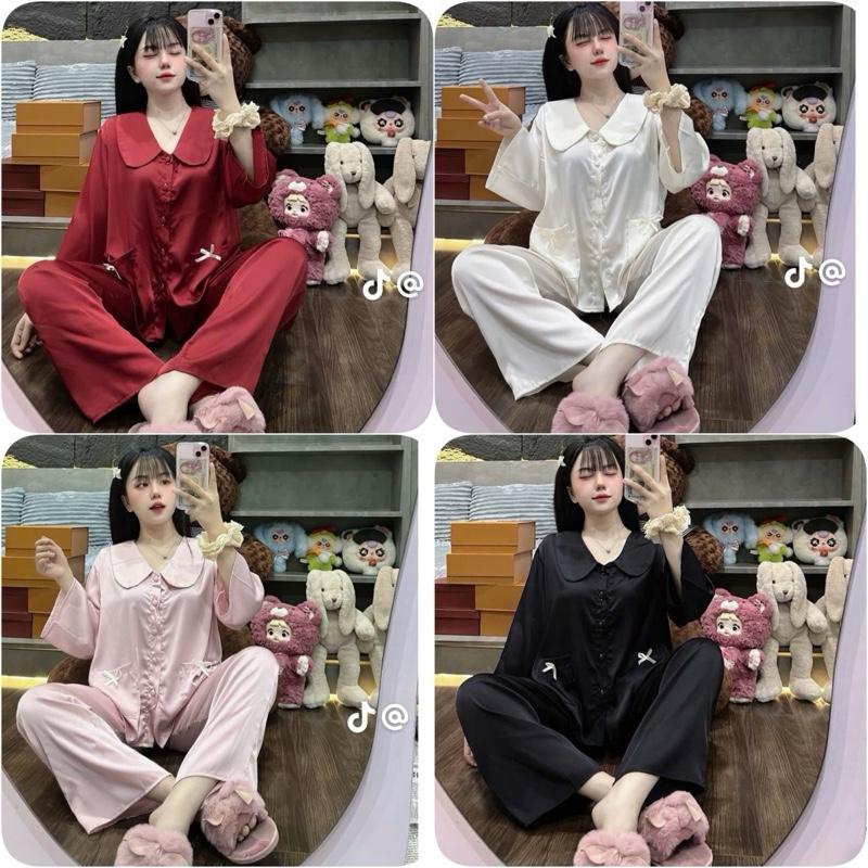 Đồ bộ lụa latin cổ sen cánh dơi size 40-60kg Nữ Women Quần Ngủ Áo