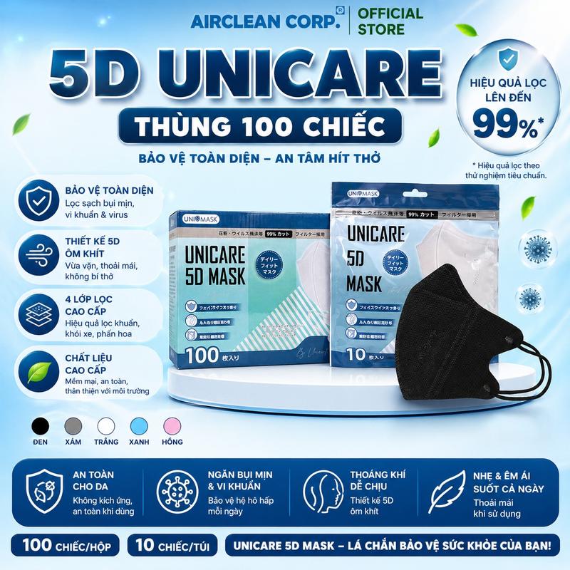 Thùng 100 Chiếc Khẩu Trang 5D UNICARE Màu Đen 3 Lớp Kháng Khuẩn