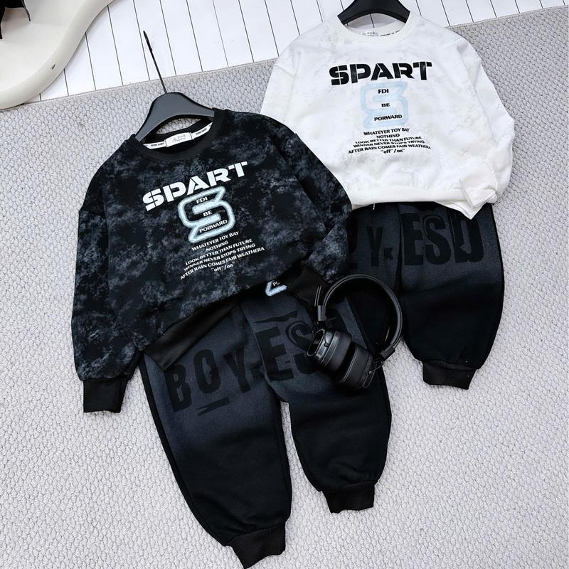 Bộ quần áo dài tay chất nỉ hai da PHIÊN BẢN 2025 cho bé trai từ 17-60kg, in chữ SPART chất nỉ ép hai da, êm mềm ấm áp cho bé trai