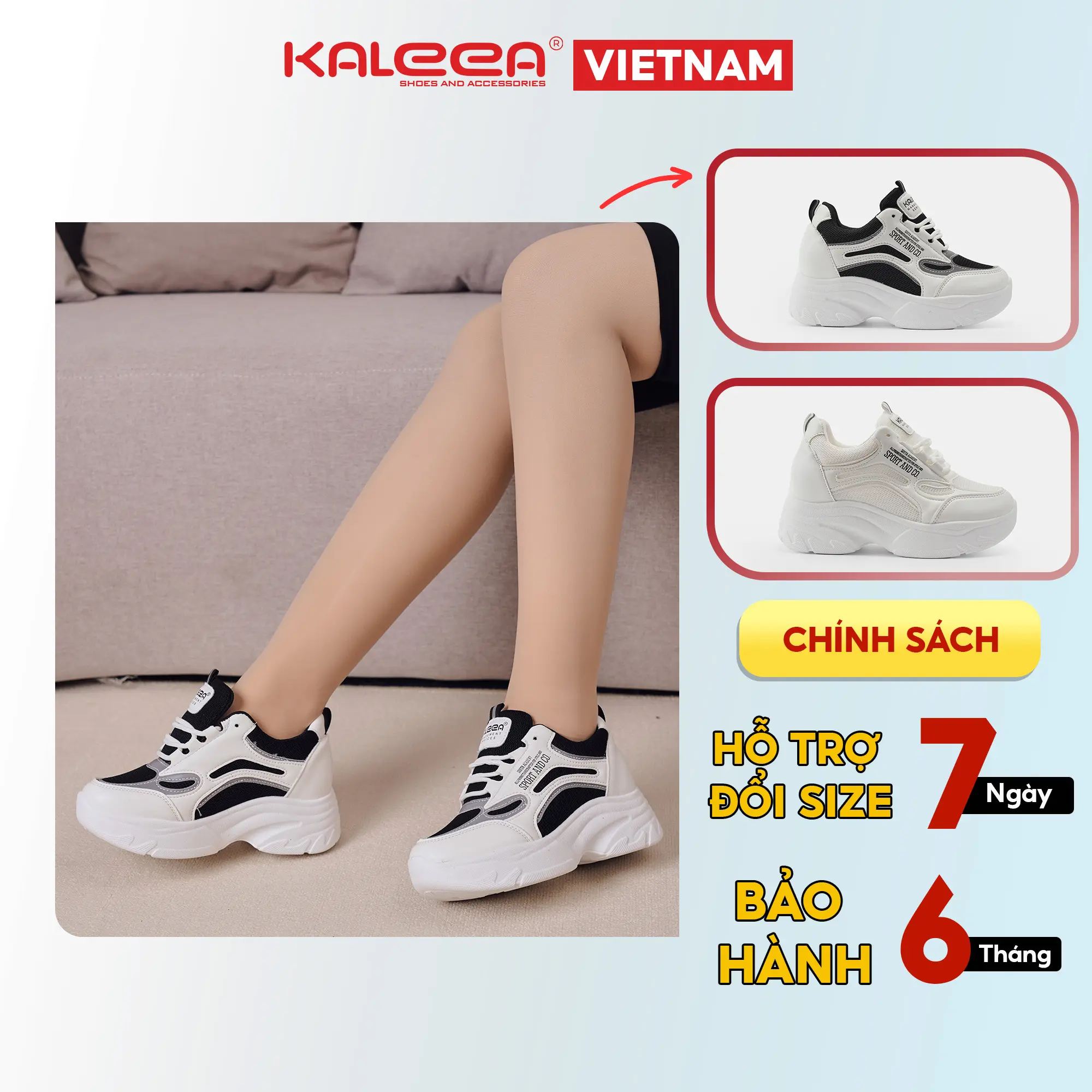 KALEEA T60 - Giày Thể Thao Sneaker Nữ (+1 Size) Độn Đế 7 Cm Dệt Kim Thời Trang