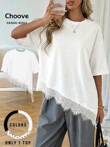 Camiseta casual de verano para mujer, con encaje y dobladillo asimétrico, elegante y cómoda, perfecta para uso diario