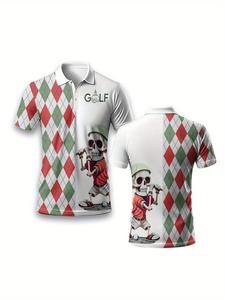 メンズ ゴルフテーマ 半袖ポロシャツ おもしろスカルプリントTシャツ 通気性に優れたカジュアルアウトドアウェア クラシック襟デザイン
