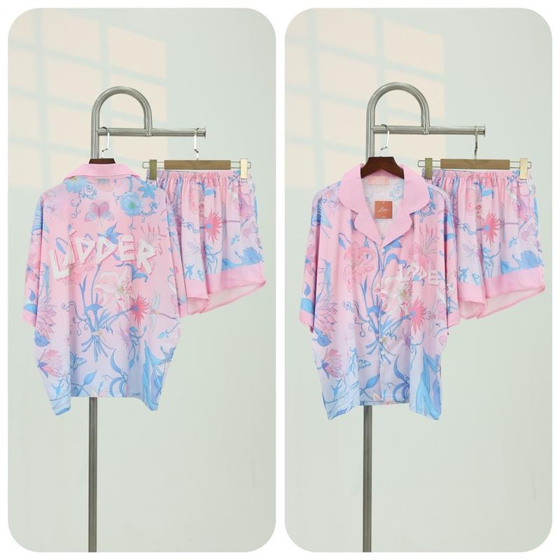 Bộ pijama không túi quần đùi áo cánh dơi hồng loang hoa xanh