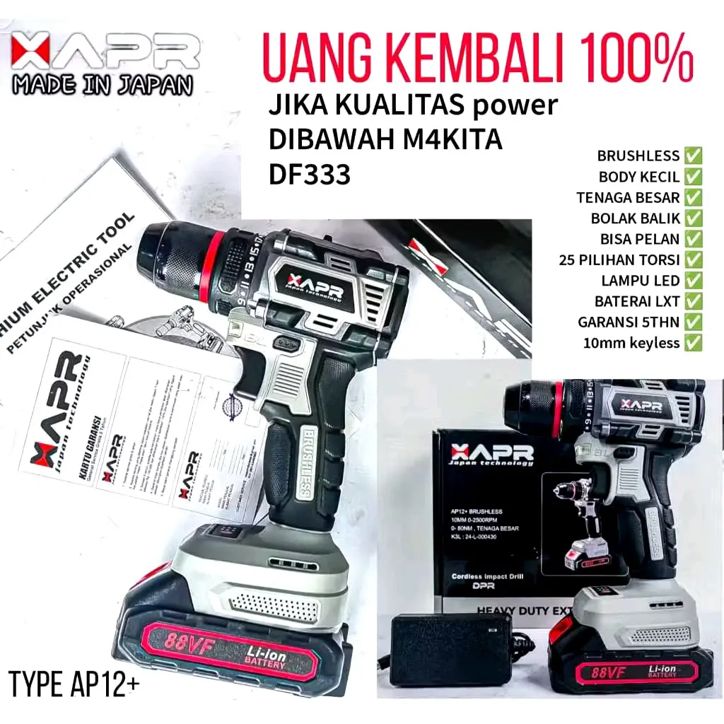 promo! APR raja bor cordles brushless tipe ap 12+10mm keyles auto lock mesin bor kayu besi driver skrup