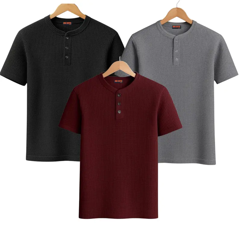 Paket 3 Pcs Kaos Pria Polos Waffle Kancing Shanghai Santai Crew Neck - Baju, Pendek 2