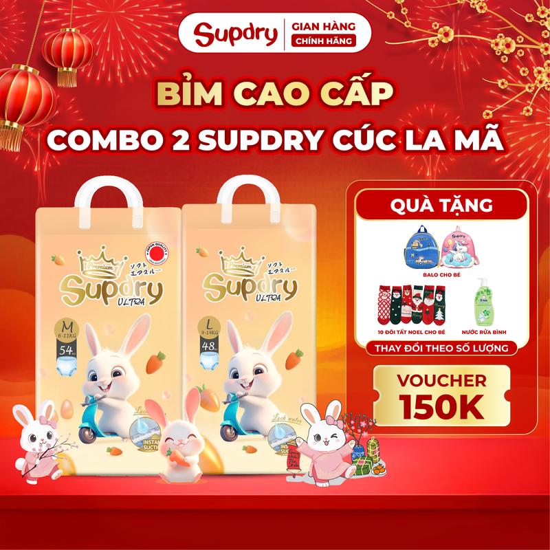  Độc quyền KOC  COMBO 2 bịch tã bỉm Supdry Ultra Mềm Mại Siêu Thấm Hút Và An Toàn Cho Bé Size NB S M L XL XXL 3XL 4XL Cho Bé từ 4kg-hơn 19kg   + Quà tặng 