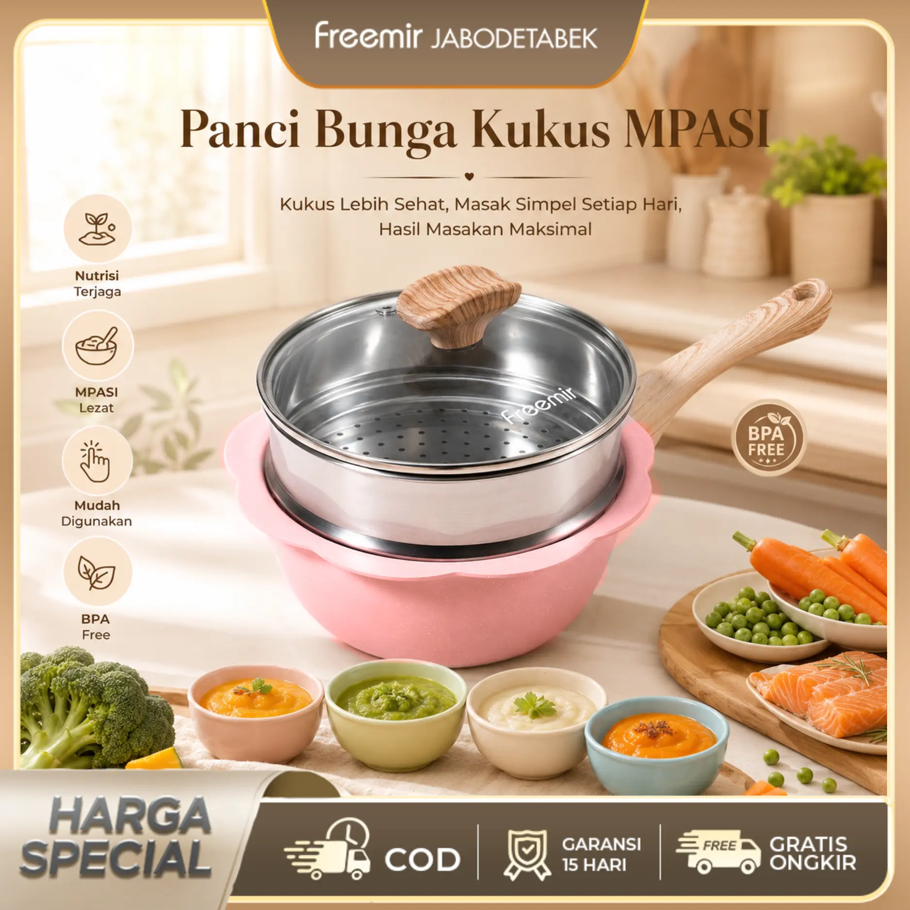 [MEGA SALE] NEW freemir Panci Bunga MPASI Pink 20cm MPASI Wajan Anti Lengket Anti Meleleh Granit Pink Putih Tutup Kaca PFOA Free Aman Untuk Bayi