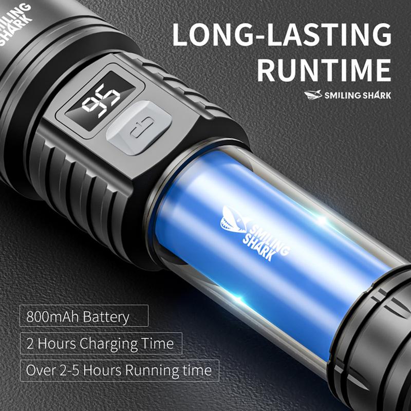 Product Introduction of 【SD-5252】Smiling Shark multifunctional flashlight, made of ABS material, featuring a built-in 400-800mAh battery, power level display, and adjustable zoom, meeting various lighting needs. 22