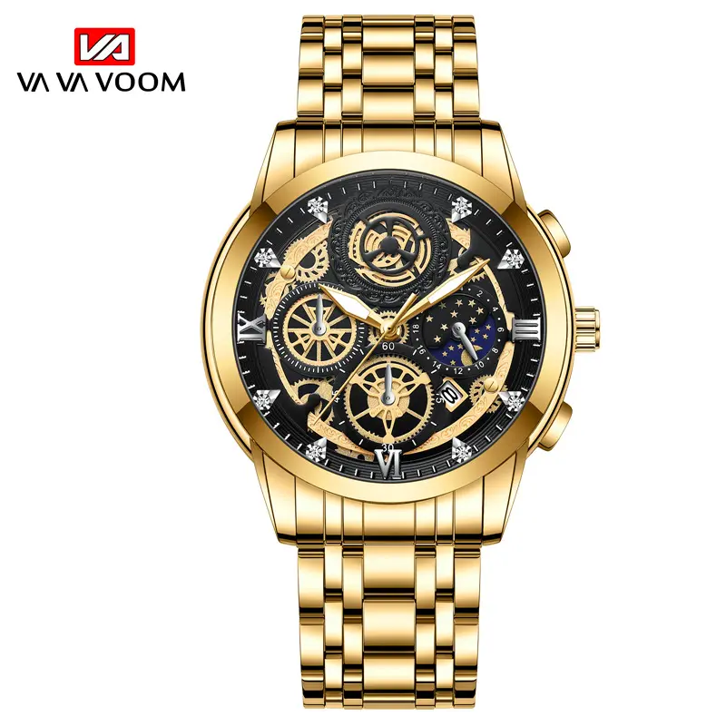 VA VA VOOM Sun Moon Star Hollow Men's Watch Calendar Luminous Quartz Waterproof Watch 2452