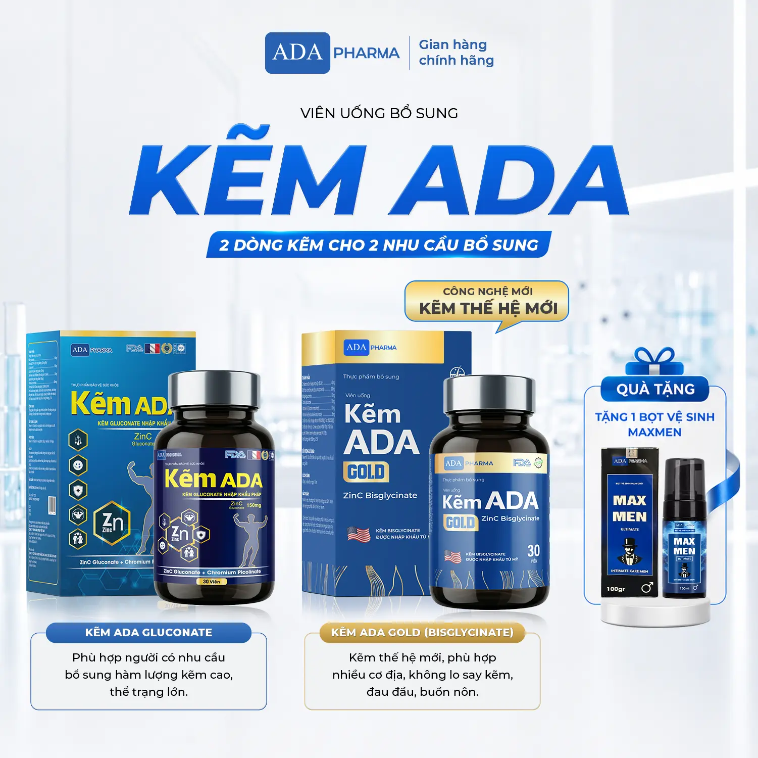Kẽm ADA chính hãng - ADA Gluconate & ADA Bisglycinate - Hỗ trợ tăng cường sức khỏe.