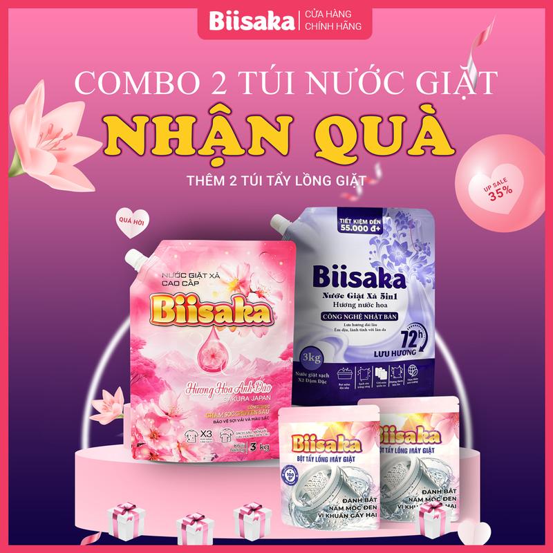 COMBO Mua 2 Tặng 2 Tẩy Lồng Giặt Nước Giặt Xả Cao Cấp Biisaka 2 Túi Tổng 6KG Tặng 2 Túi Bột Vệ Sinh Lồng Giặt Biisaka