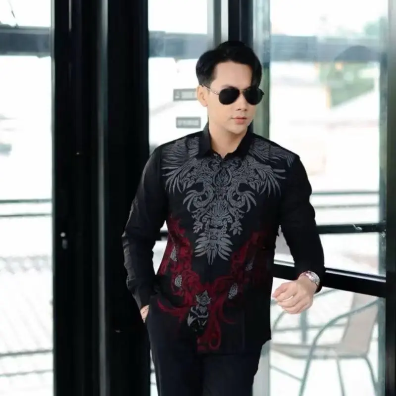 Atasan Baju Kemeja Batik Pria Lengan Panjang Terbaru Kasual Cowok Motif Hitam Reguler M L XL XXL 4