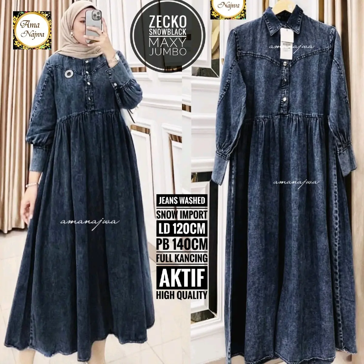 Dress Muslim Wanita Super Jumbo LD 120 & 140 Busui Gamis Jeans Dewasa Maxi Remaja