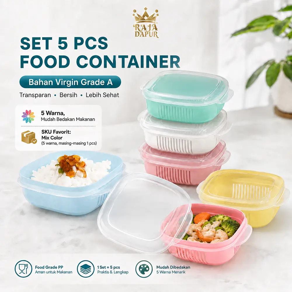 RAJA DAPUR Set Food Container 5 Pcs Warna Mix | Kotak Penyimpanan Makanan Food Grade PP dengan Saringan, Tutup Transparan, Praktis dan Multifungsi