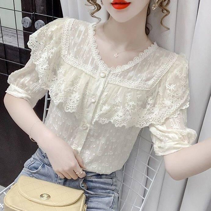 Áo Cánh Voan, Thời Trang Mùa Hè, Thiết Kế Ren Xếp Ly Bong Bóng ngắn Tay, Phong Cách Thanh Lịch, Áo Choàng Hoa Móc, XF-59, 2023 Nữ Women Top Sơ Mi Top Sơ Mi