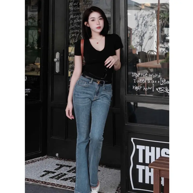 JEAN PANTS - Quần Jean Nữ Ống Loe Hack Dáng SHESLAY -Ôm Eo Hack Hông, Che Khuyết Điểm Siêu Tốt. Jean Co Giản Nhẹ Ôm Body 1