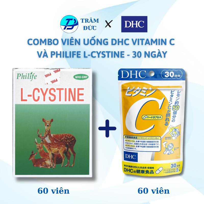  Combo DHC Vitamin C DHC và Philife L-Cystine 500mg hỗ trợ cải thiện sắc tố da hỗ trợ da mụn  30 ngày  