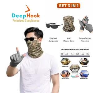 Set 3 in one Kacamata Hitam Deephook Polarized UV400 Set Masker Buff dan Sarung Tangan ANTI SLIP Kaca Mata Outdoor Anti Silau Nyaman untuk Mancing dan Berkendara Frame Eyewear Sunglasses Lensa Black Polaroid
