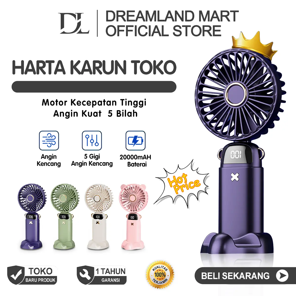 DL Kipas Angin Mini 17000mAh 5-Speed Wind Kipas Genggam Portabel Karakter LED Display Portable Handheld Fan Aromaterapi kipas mini Ponsel Biru