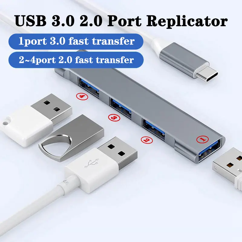 For USB Port Replicator 1USB to 4USB Compatible laptop desktop computer mobile phone Type-C Port Replicator 1Type-C to 4USB docking station3.0 High-speed transmission