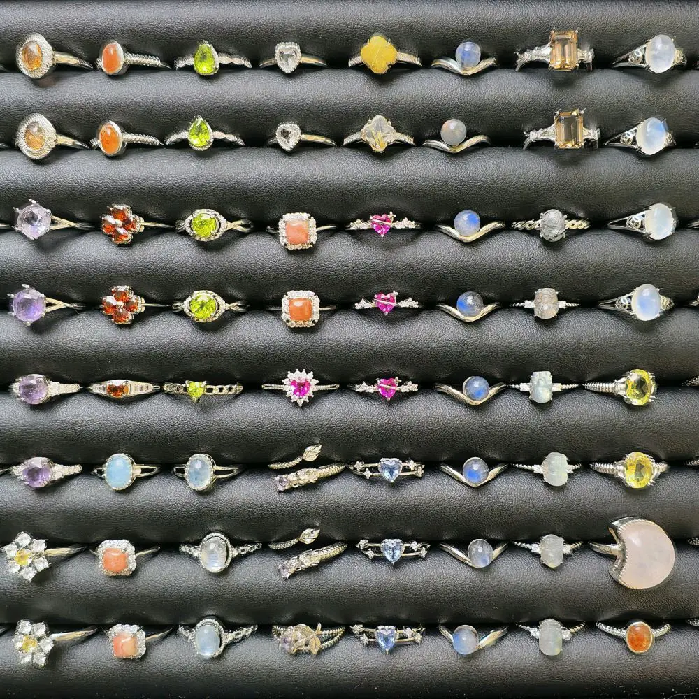 [Copper Ring] Nhẫn đồng đỏ mạ bạc đính đá thiên nhiên - Freesize - Crystals - Tặng khăn lau và keo dán đá B7000