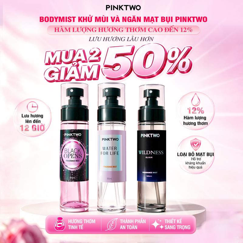 Xịt Thơm Body Mist Hương Nước Hoa Pinktwo 105ml – Lưu Hương Lâu, An Toàn Cho Da – Xịt Thơm Cơ Thể & Quần Áo – Không Cồn, Không Khô Da – 3 Mùi Hương Black Opens / Wildness / Water For Life - Công thức 12% Tinh Dầu, Diệt Mạt Bụi 99%