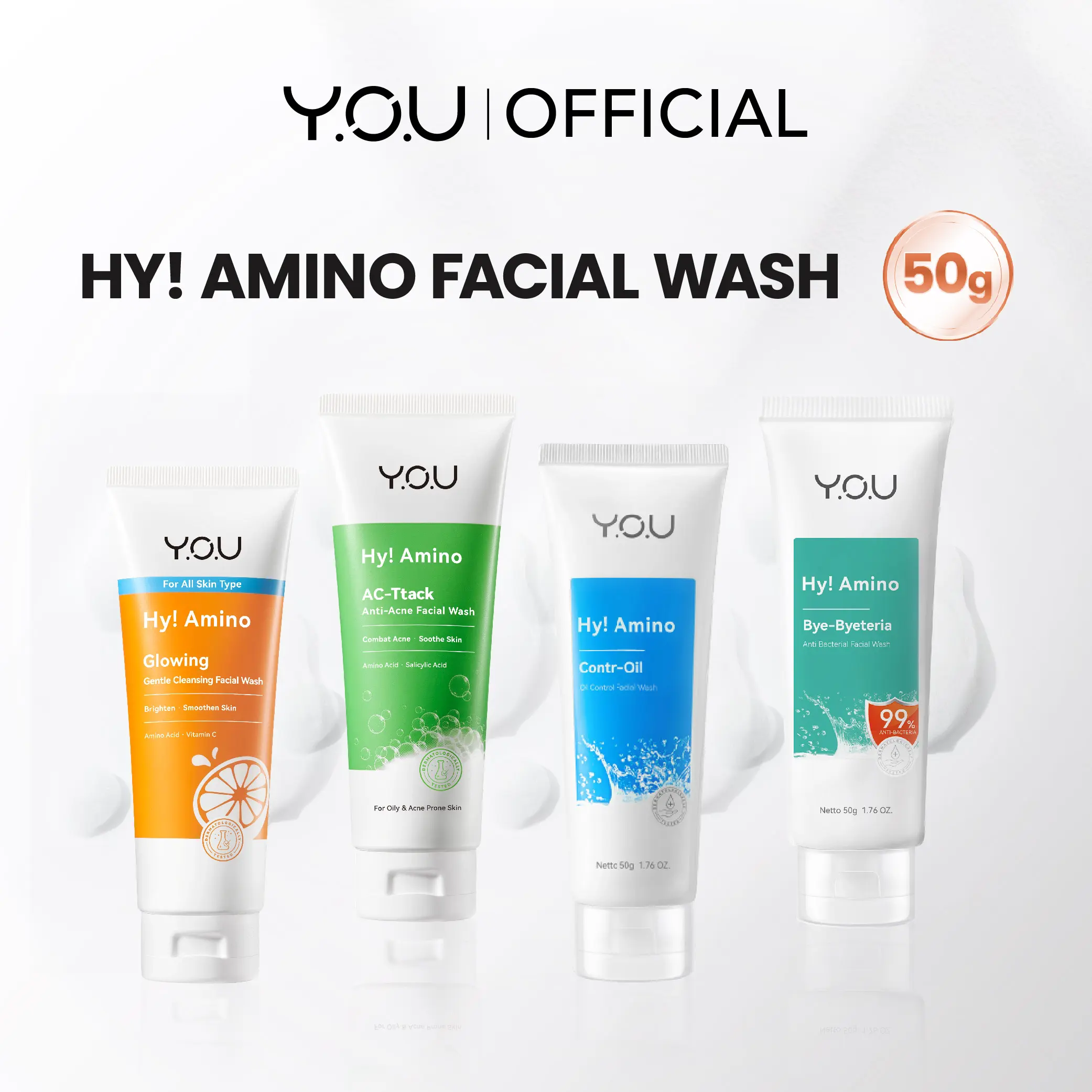 [Travel Size 50g] YOU Hy! Amino Facial Wash Sabun Cuci Muka Acne Pembersih Wajah Mengurangi Bekas Jerawat Ac-Ttack Anti-Acne, Glo-Win Brightening, Oil-Control, Hydrating, Bye-byeteria