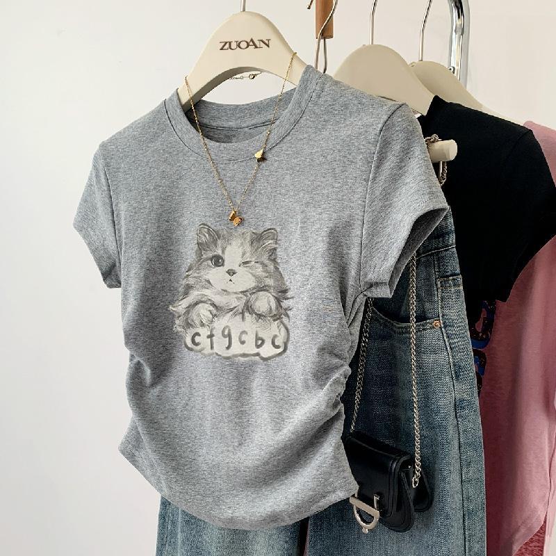 0291 Áo Thun Nữ Với Thiết Kế Độc Đáo Slim Fit Mùa Hè Cổ Tròn Ngắn Tay Hợp Thời Trang Quần Áo Làm Việc，Áo Thun Nữ Nhún Eo Xinh xắn,Áo kiểu nữ cổ tròn rúm eo vải thun tăm co giãn 3