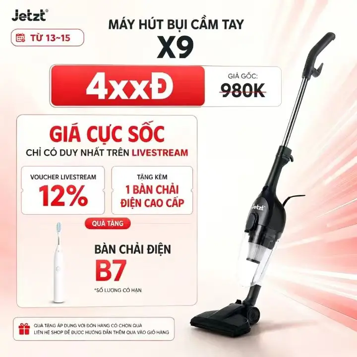 [LIVESTREAM] Máy Hút Bụi Cầm Tay Jetzt X9 NEW 19000PA! Hệ Thống Khép Kín HEPA 0.25µm Lọc Sạch 99% Bụi Mịn Lông Thú Cưng, Tránh Ô Nhiễm Thứ Cấp Bảo Vệ Mẹ Bé. Động Cơ 600W, Nhẹ 1.8kg Kèm Đầu Hút Đa Năng Làm Sạch Sàn Sofa, BH 1 Năm