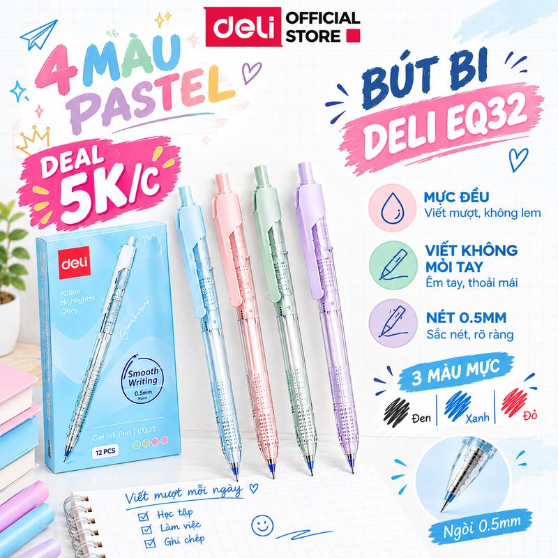[DEAL SỐC 5K/C] Combo 10/20 Bút bi dầu màu pastel Deli EQ32 - Bút bi trơn mượt, khô nhanh, không nhòe, thoải mái viết thời gian dài - Mực xanh phù hợp học sinh, sinh viên, nhân viên văn phòng trình ký