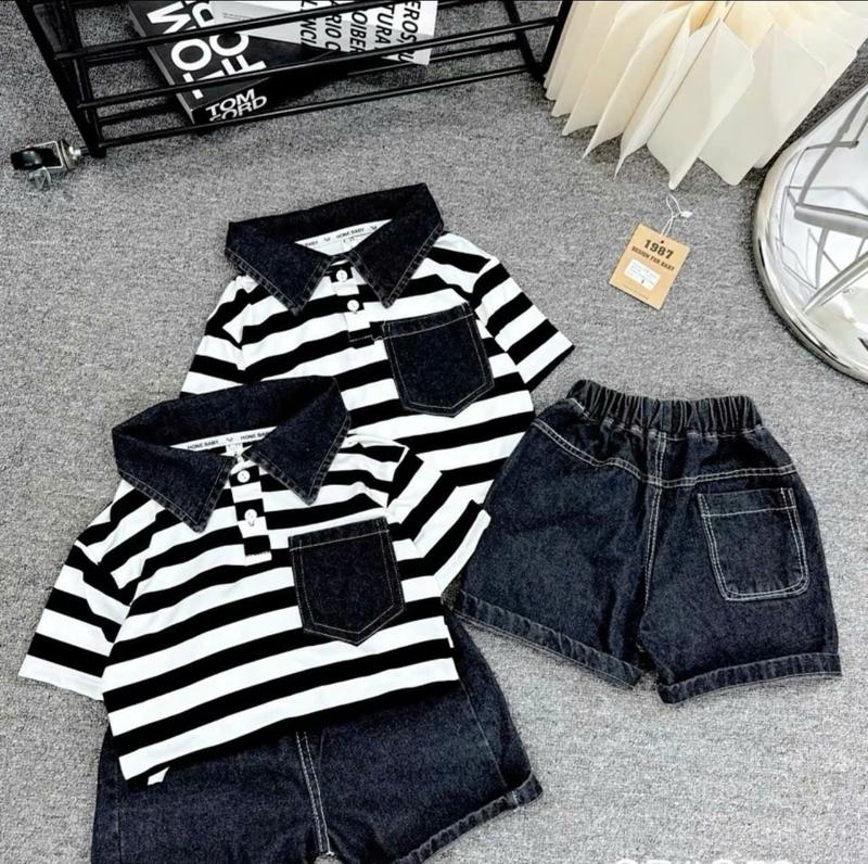 Set đồ polo bé trai hoạ tiết sọc đen trang phong cách Hàn Quốc quần giả jean mềm mịn mát -Gấu- Mã Polo kẻ đen trắng