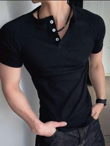 メンズリブヘンリーTシャツ、薄型のショートスリーブボタンネックの筋肉系Tシャツ、カジュアルな日常使い、アウトドアスポーツ、旅行・バケーション