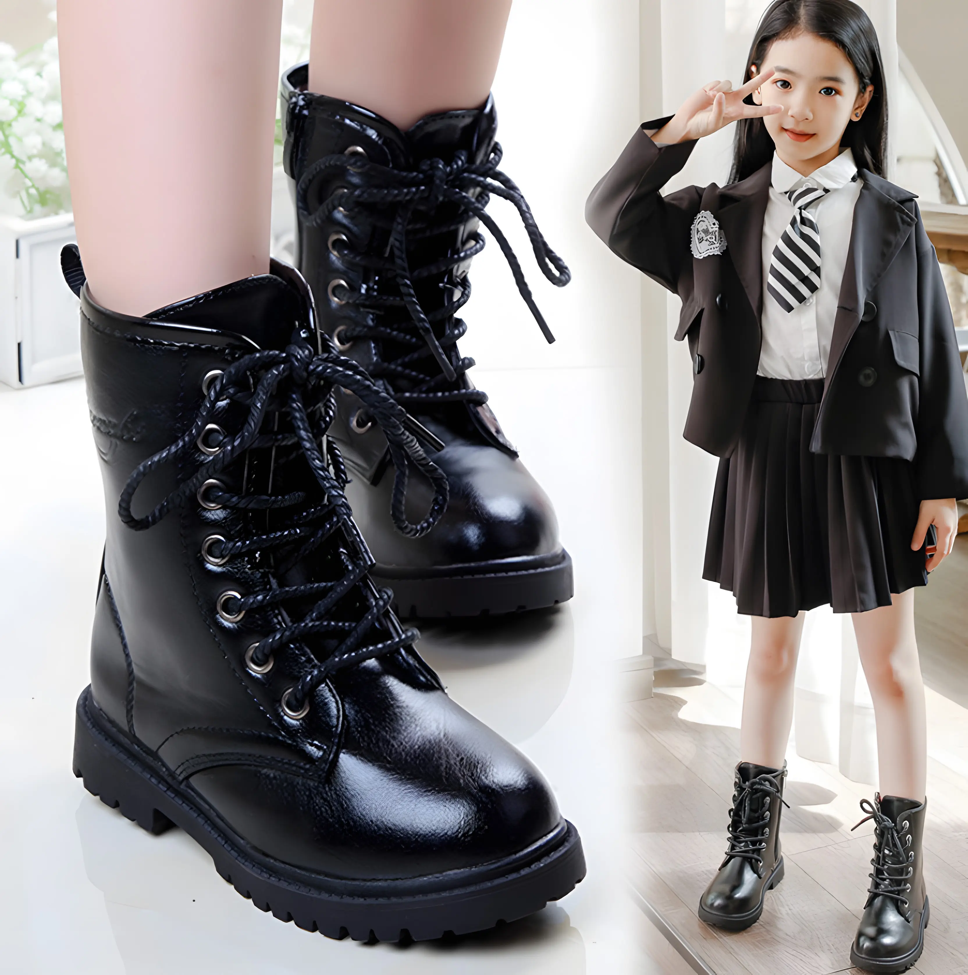 Kids Korean style Black Martin boots for kids girls with Princess mid-calf boots for 8-15 years Bright Leather Lace doll Shoes