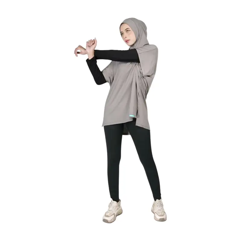 Cendera -  ELMA Atasan Baju Olahraga Wanita Outer Sport Hijab Polos Oversize, Bahan Polynilon Elastis Tidak Menerawang - Top, Outdoor baju olahraga atasan untuk olahraga  wanita 5