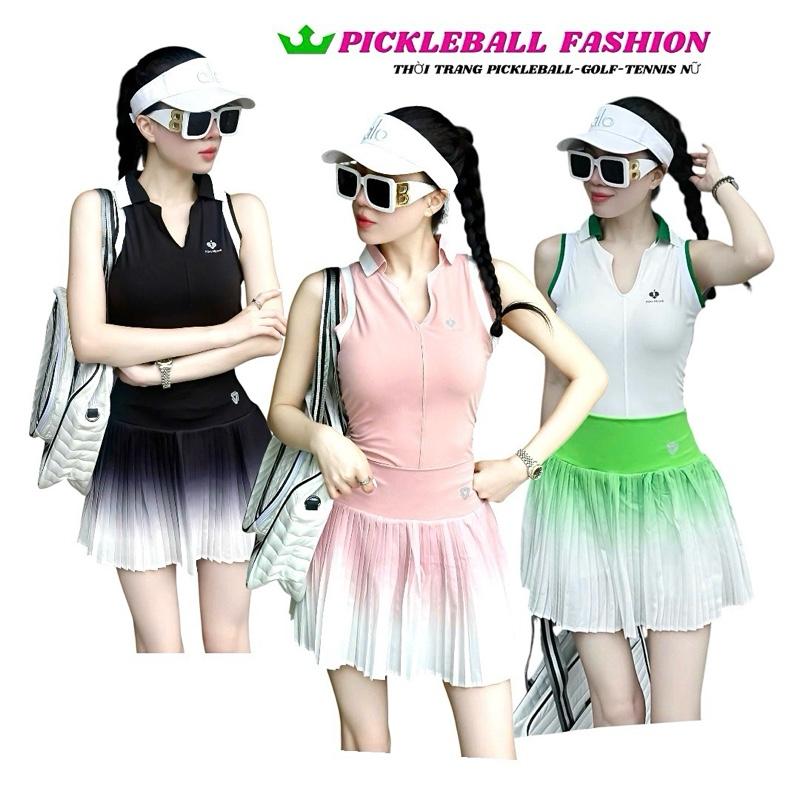   PICKLEBALL  Set thể thao nữ Quảng Châu áo không tay dệt viền pompeche kết hợp chân váy xếp ly loang - pickleball,golf,tennis.. 