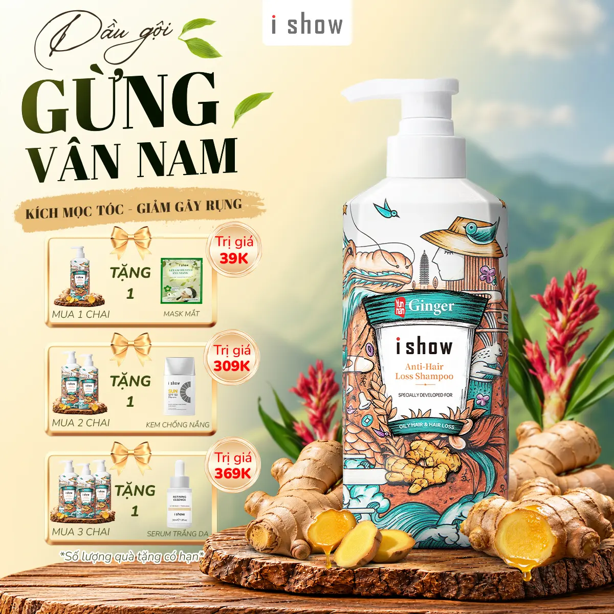 Dầu Gội Gừng Kích Mọc Tóc Hỗ Trợ Giảm Rụng Dưỡng Tóc Chắc Khoẻ - Dầu Gội Thảo Mộc ISHOW